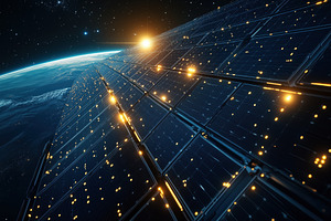 A futuristic solar panel array in space, reflecting sunlight with a view of Ear, a Technology Photo by Textures & Backgrounds