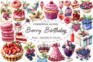 Berry Birthday Watercolor Clipart, an Illustration by designcity5