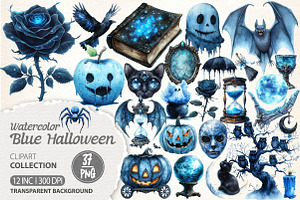 Blue Halloween Watercolor Clipart, an Illustration by Dream Creation
