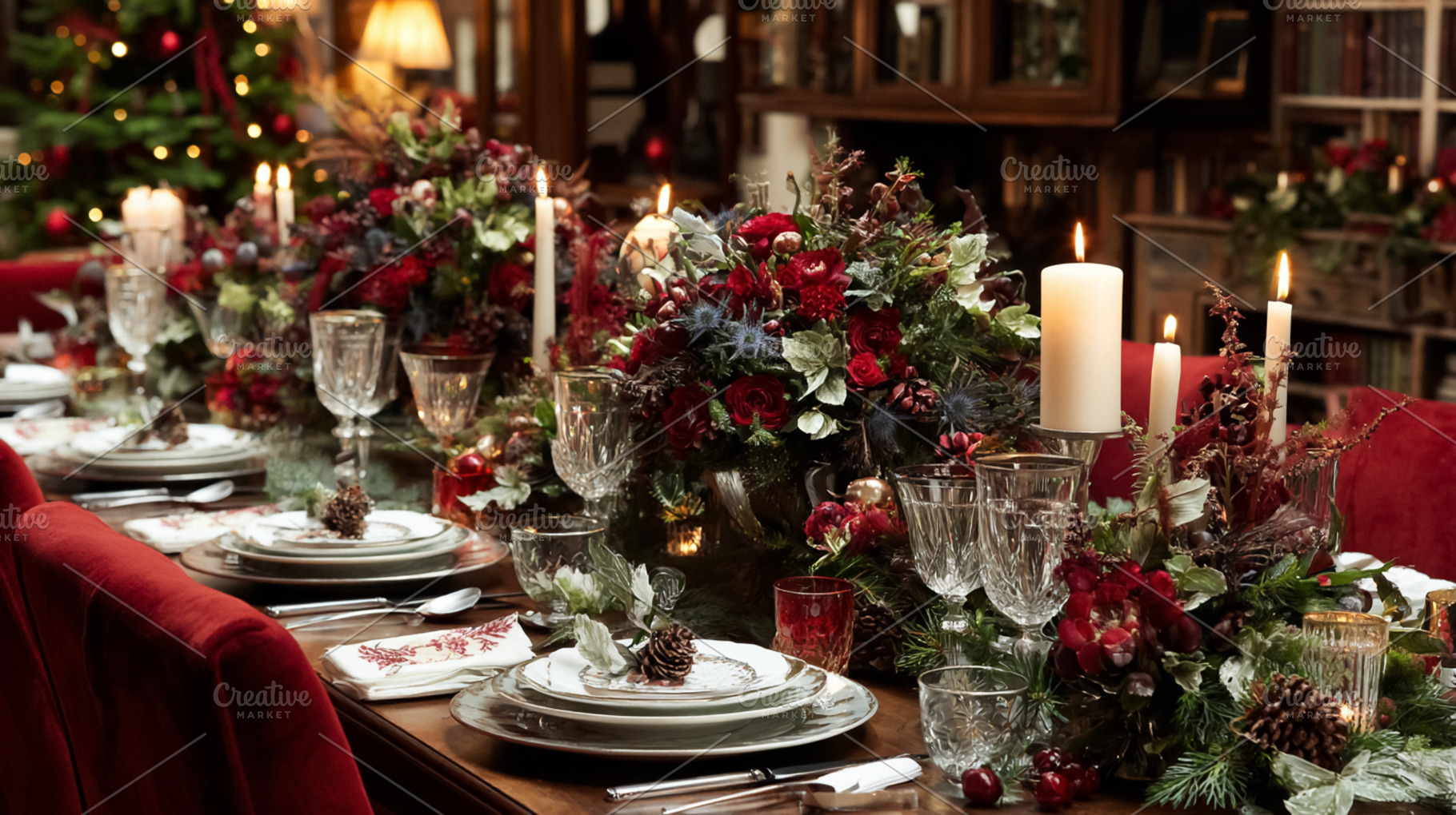 Elegant table setting for a Christmas dinner, featuring a central floral arrang, a Photo by Studio ANNA