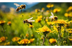 bees collect honey in a flower, an Animal Illustration by yanadjana