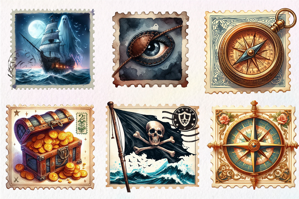 Nautical Pirates Stamp Postage, an Illustration by CreationArt (Photo 5 of 5)