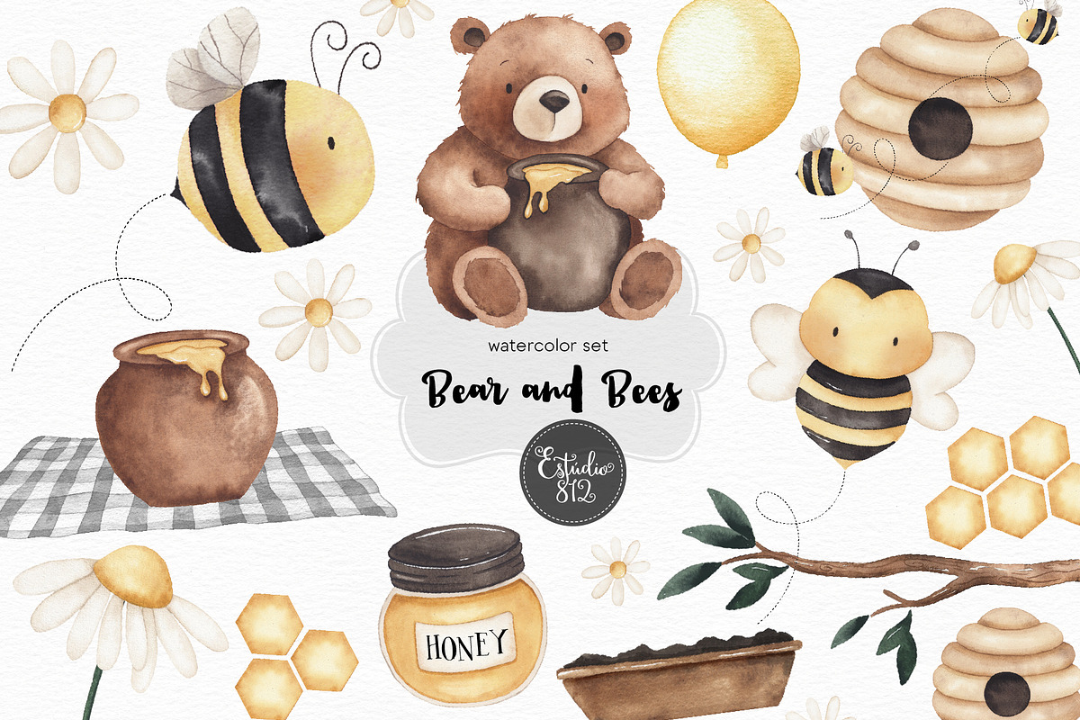Bear and Bees watercolor clipart, an Animal Illustration by Estudio 812 (Photo 1 of 7)