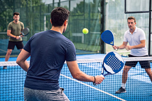 Rear view of focused padel player during dynamic match rally on, a Sports & Recreation Photo by Volff