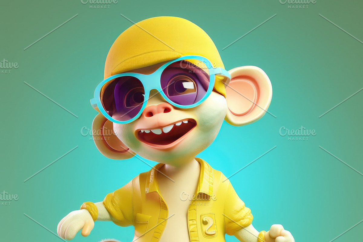 Funny monkey wearing sunglasses on a colorful background