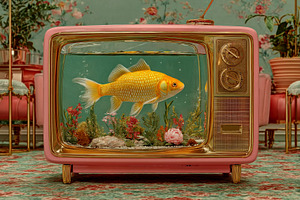 Goldfish swimming in a retro pink television aquarium with under, an Abstract Photo by José Manuel Gelpi
