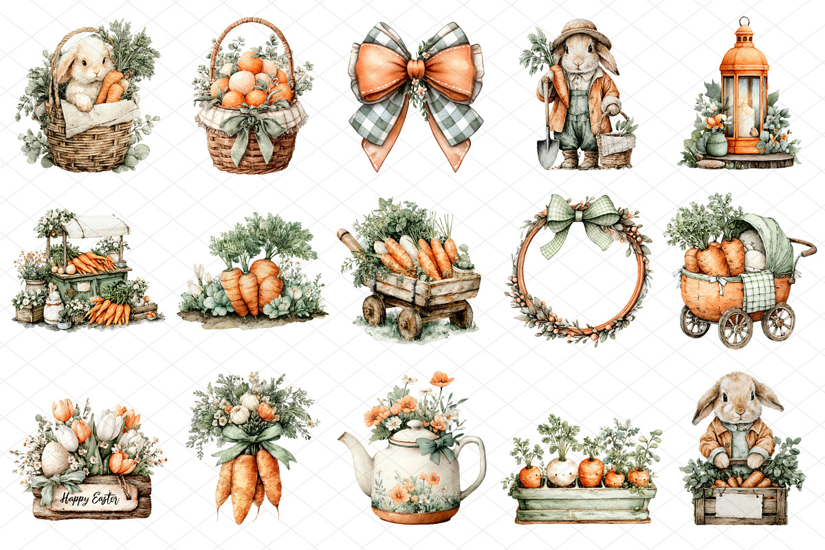 Carrot Easter Watercolor Clipart Set, an Illustration by cherrydesign (Photo 3 of 4)