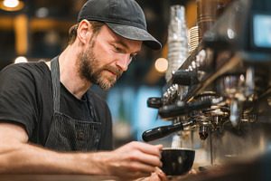Barista making espresso coffee in a, a Photo by Pixeness Studio