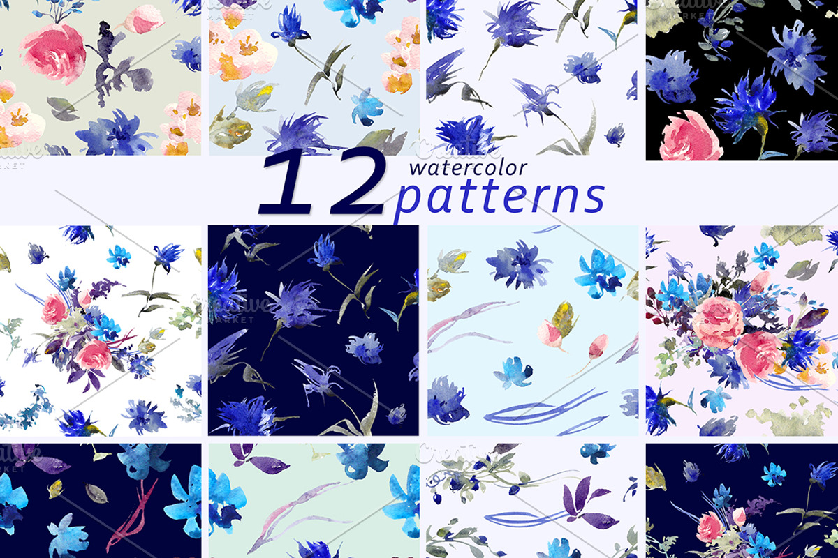 Blue floral watercolor set, a Decorative Illustration by Tamaretto (Photo 4 of 9)