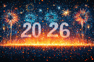 Colorful 2026 numbers with fireworks and confetti on dark backgr, a Background Photo by José Manuel Gelpi