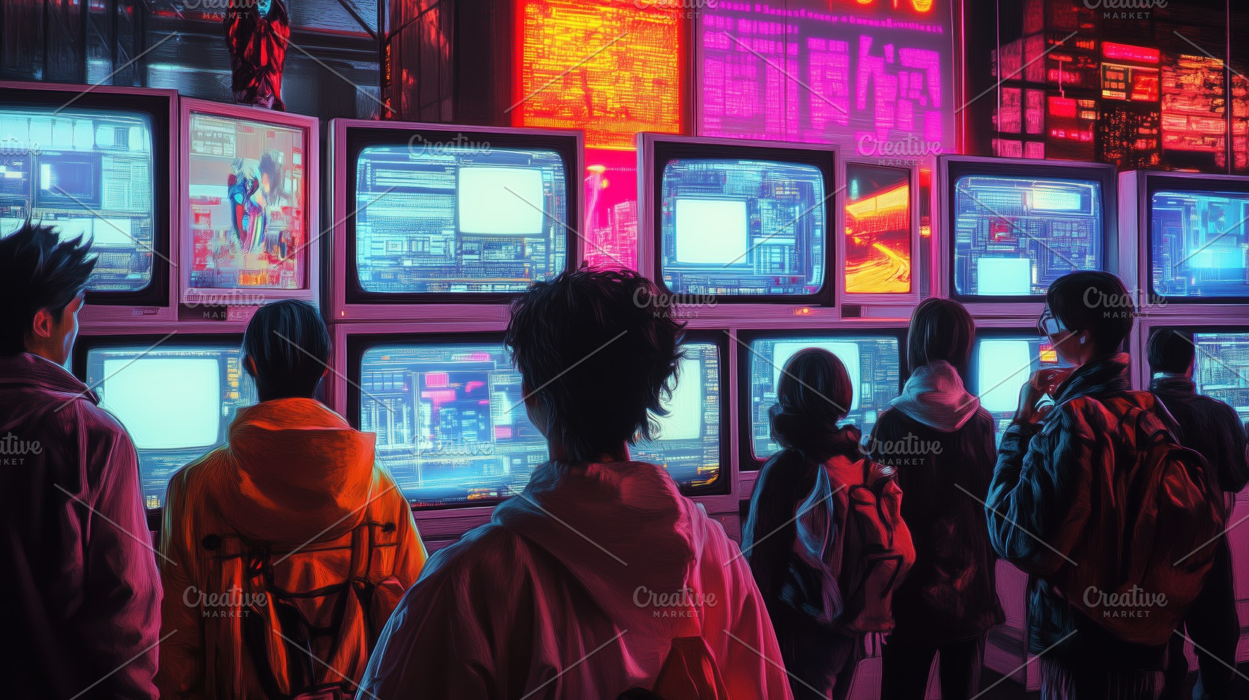 A group of people standing in front of multiple retro computer monitors display, an Arts & Entertainment Photo by Textures & Backgrounds