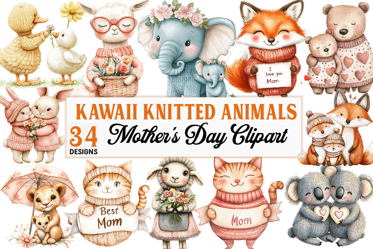 Kawaii Knitted Animals Mother's Day, an Illustration by Watercolor design (Photo 1 of 5)