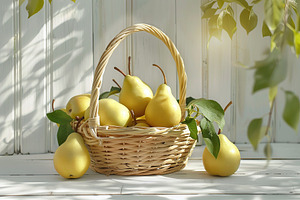 Red pears with green leafs in basket on wooden table, a Food & Drink Photo by AlyaAnd