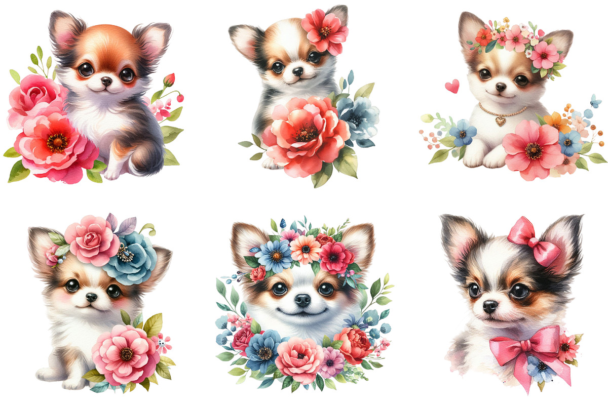 Watercolor Floral Chihuahua Clipart, an Illustration by DreamCafeArt (Photo 2 of 6)
