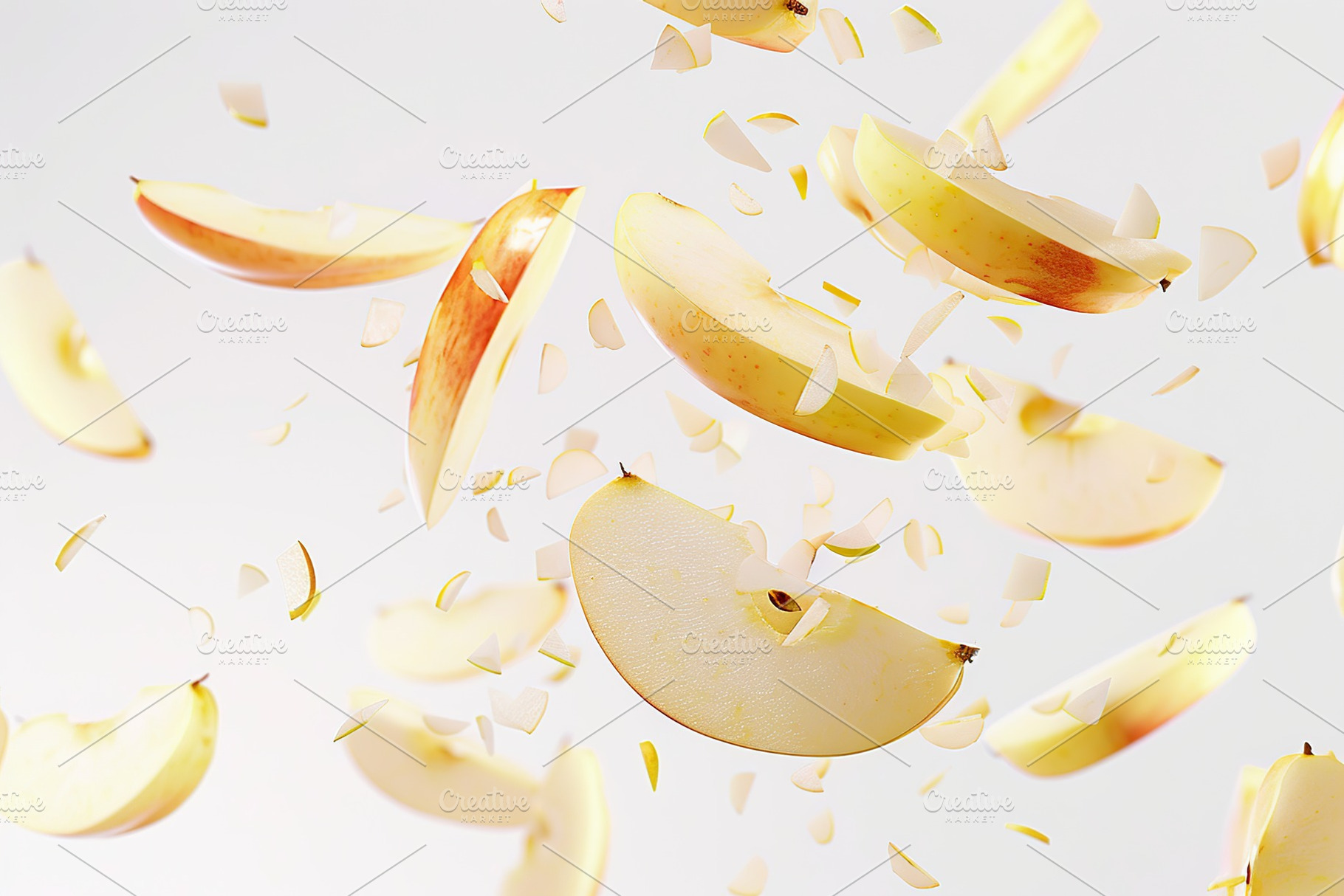 Ripe apple slices flying in the air on white background, a Food & Drink Photo by AlyaAnd