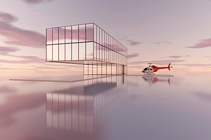Helicopter near modern glass house with pool at sunset scene, an Architecture Photo by RF Images