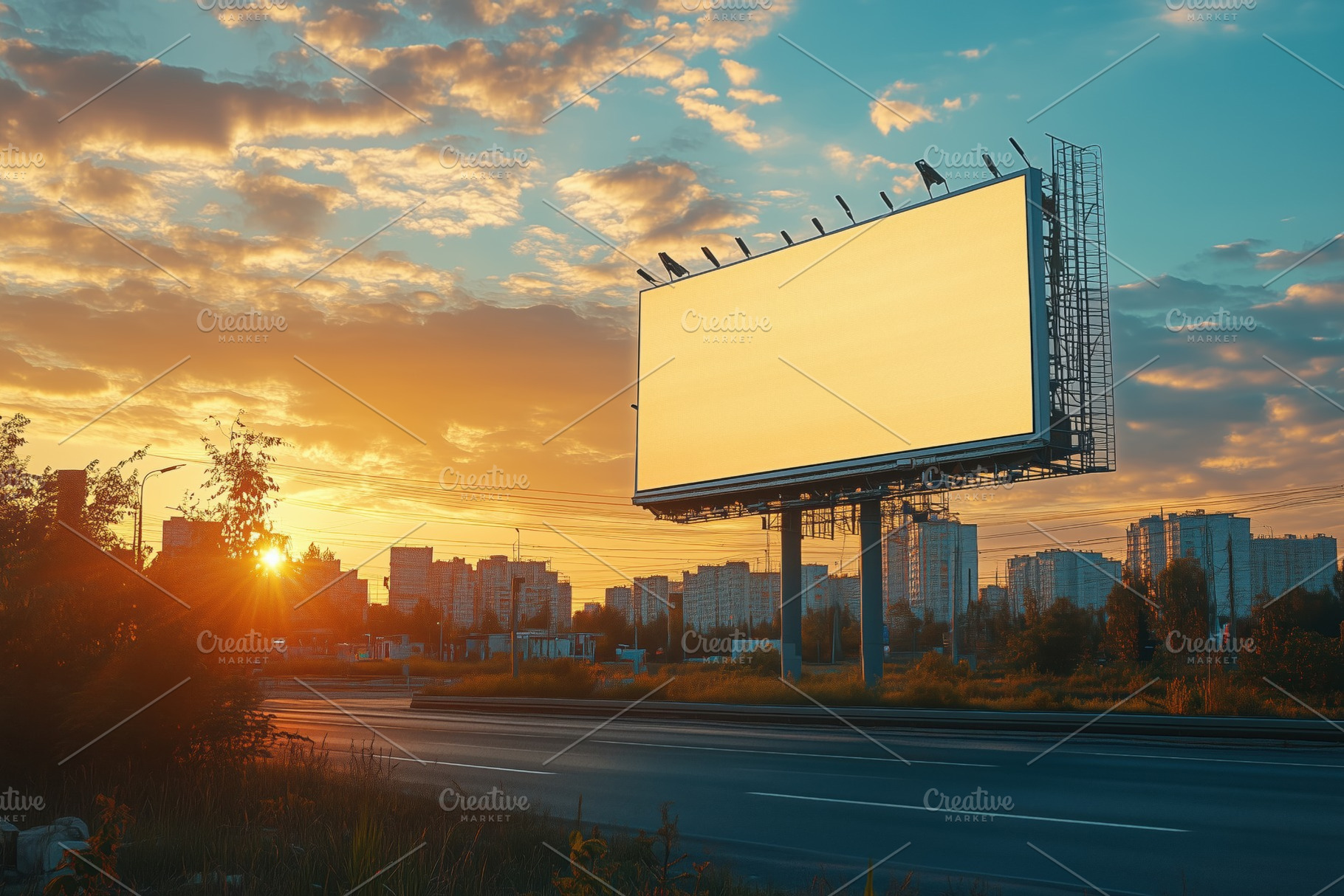 A large empty billboard stands beside a road during sunset, with a vibrant sky, an Arts & Entertainment Photo by Textures & Backgrounds