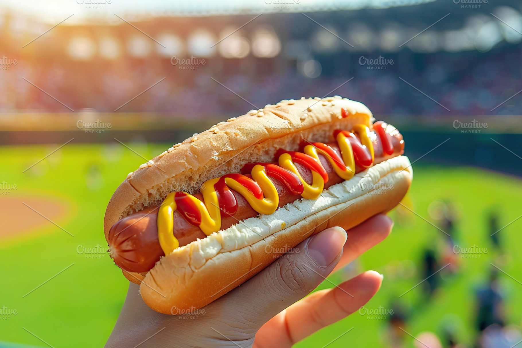 Female hand holding hot dog with ketchup and mustard, a Food & Drink Photo by AlyaAnd