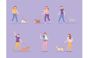 set of people walking dogs, a Person Illustration by studiogstock