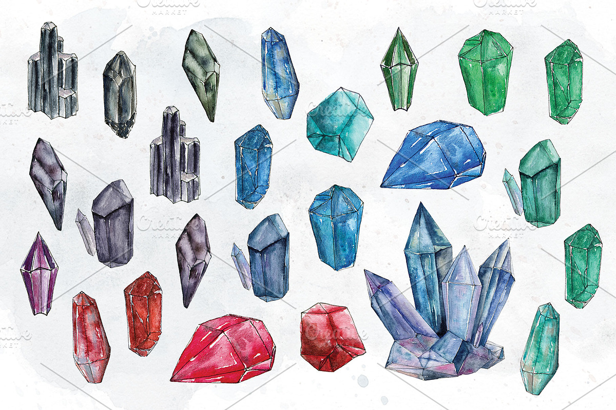 Watercolor Crystals Gems Set, an Illustration by paperlions (Photo 2 of 4)