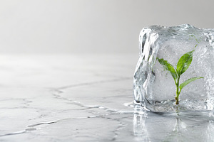 Ice cube encasing green plant symbol, a Photo by Dvoevnore photos