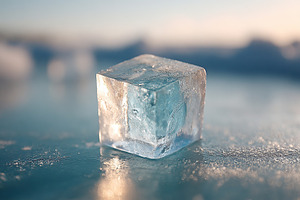 Square ice block positioned on a shiny surface reflecting natural light in cold, a Photo by AlyaAnd