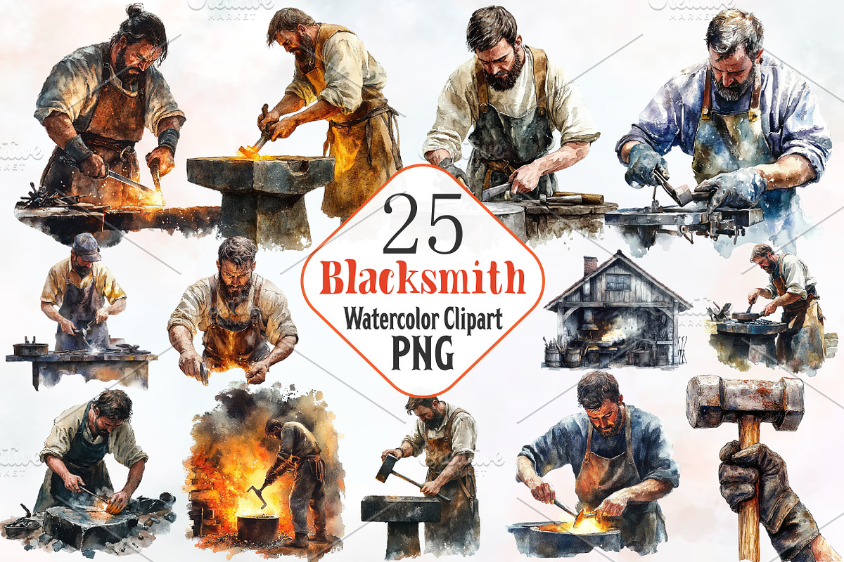 Blacksmith Watercolor Cliparts, an Illustration by RobertsArt (Photo 1 of 7)