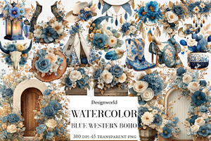 Watercolor Blue Western Boho Clipart, an Illustration by Designworld