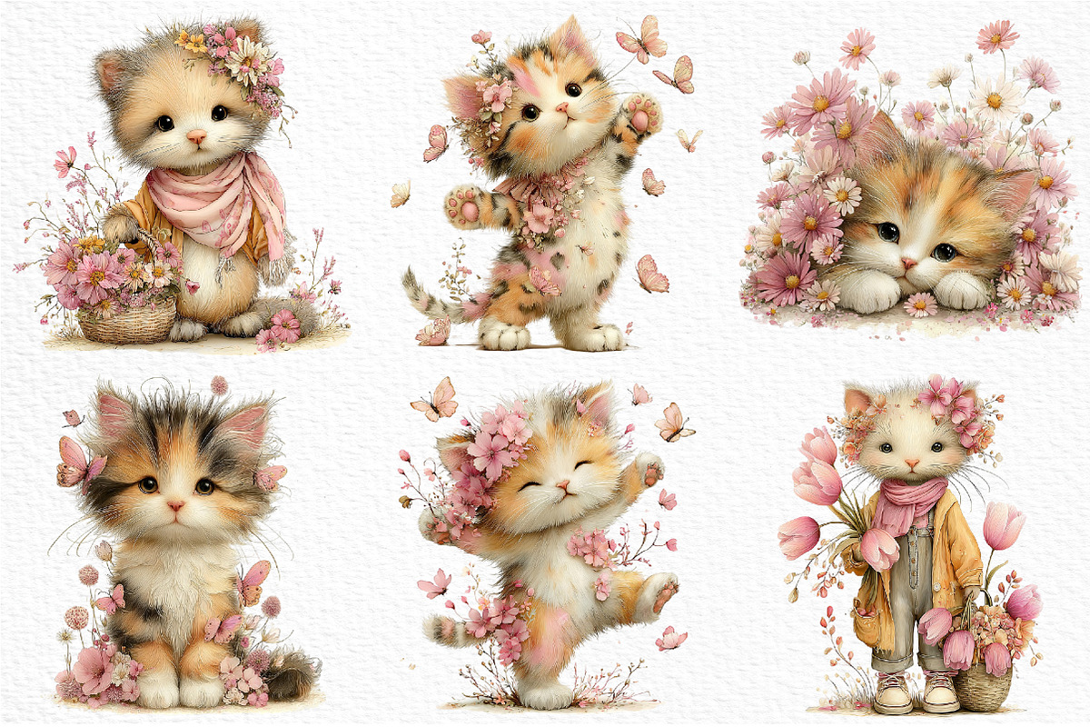 Whimsical Spring Cats Clipart, an Illustration by Craft Nest (Photo 6 of 6)