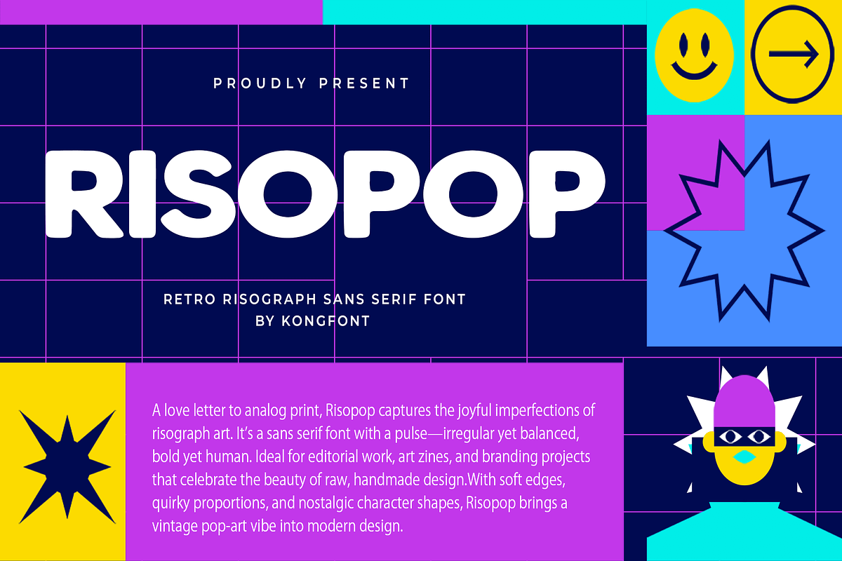 Risopop – Retro Risograph Sans Serif, a Sans Serif Font by overlaytemplates (Photo 1 of 5)
