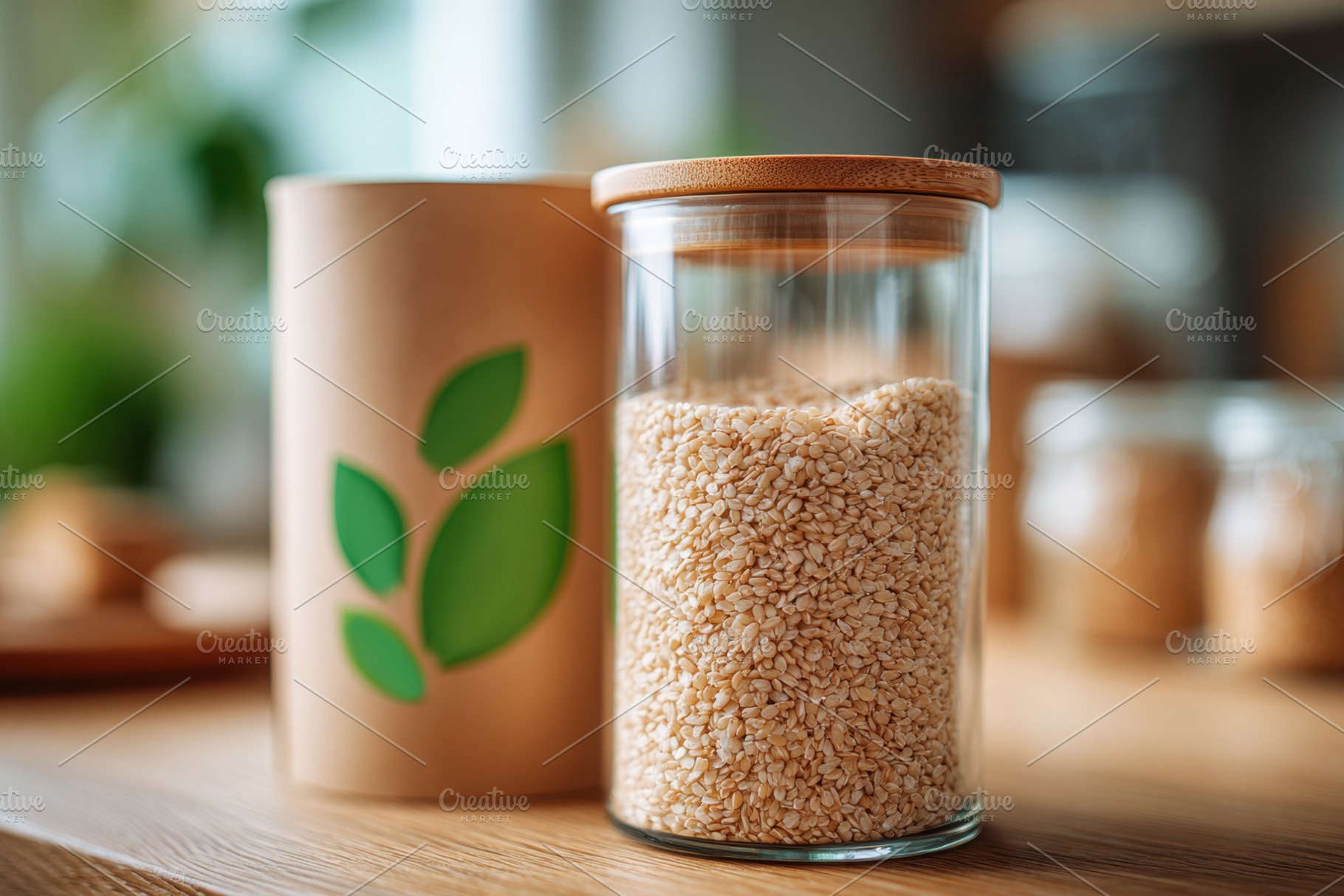 Glass jar of sesame seeds with eco-friendly packaging, a Health & Medical Photo by AlyaAnd