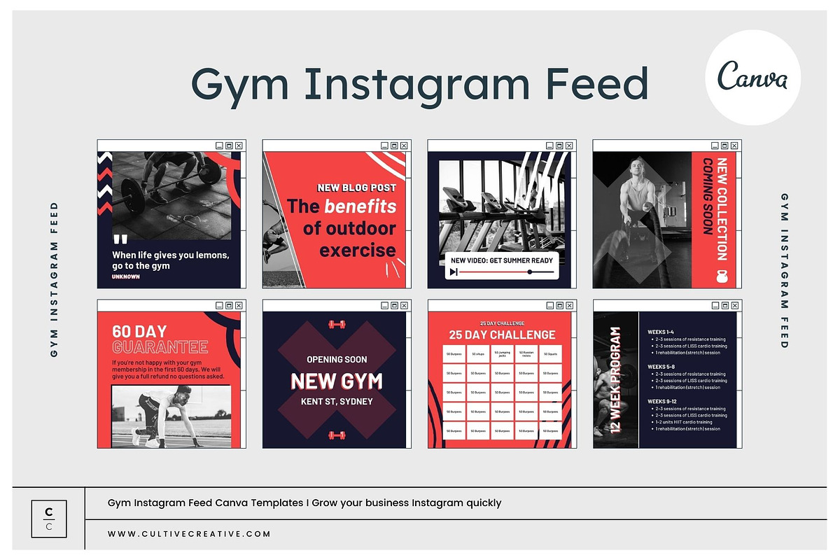 Gym Instagram Feed Canva Templates, a Social Media Template by Cultive Creative (Photo 1 of 13)