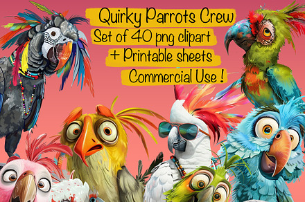 Quirky Funny Parrots Clipart, an Animal Illustration by Fusion Dream