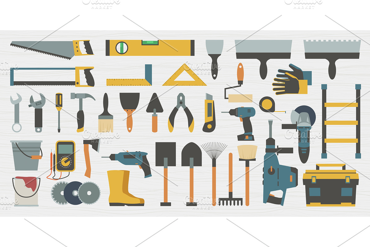 a construction tools set on wooden, an Illustration by IfH