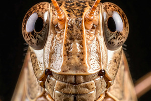 Extreme macro portrait of a grasshopper with detailed eyes, an Animal Photo by GoodGoods