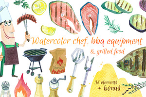 Watercolor bbq food and equipment.