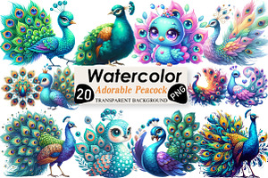 Cute Adorable Peacock Clipart, an Illustration by Black Bird Studio