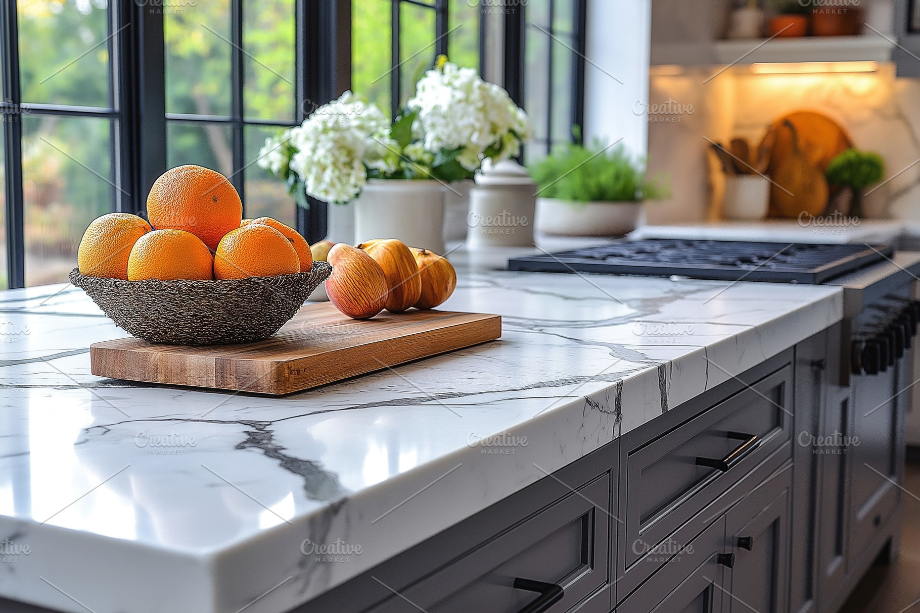 A beautifully arranged kitchen scene featuring a bowl of oranges and a wooden c, a Background Photo by ImageMir