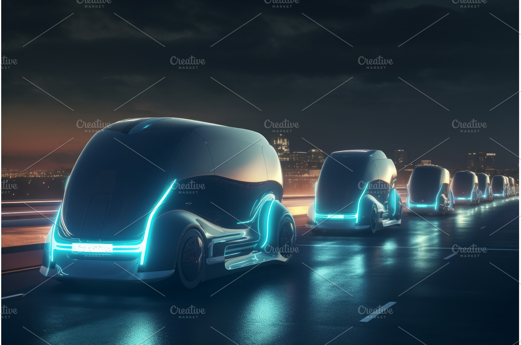 Futuristic neon truck vehicle night, a Transportation Photo by Ylivdesign