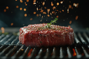 Fresh beef steak on the grill with falling herbs and spices, a Food & Drink Photo by AlyaAnd