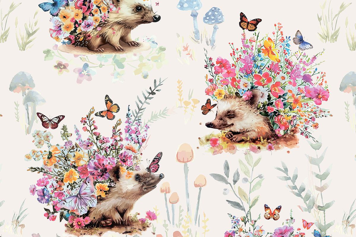 Blooming hedgehogs seamless pattern, a Pattern Graphic by YvY (Photo 3 of 3)