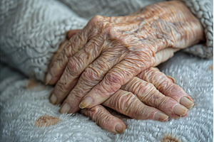 Senior woman showing wrinkled hands, a Background Photo by Ylivdesign