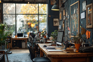 Workspace with large windows and pla, a Photo by Tanuart