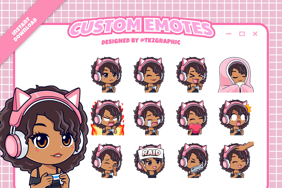Curly Gamer Girl - Custom Emotes, an Emoji Icon by tkzgraphic, image size:1200x800