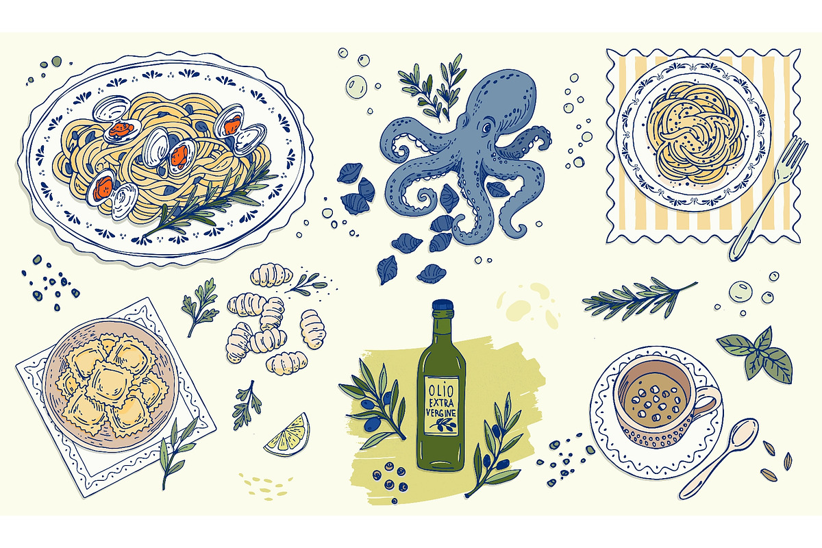 Hand drawn italian seafood pasta set, a Food Illustration by Zimages (Photo 1 of 3)