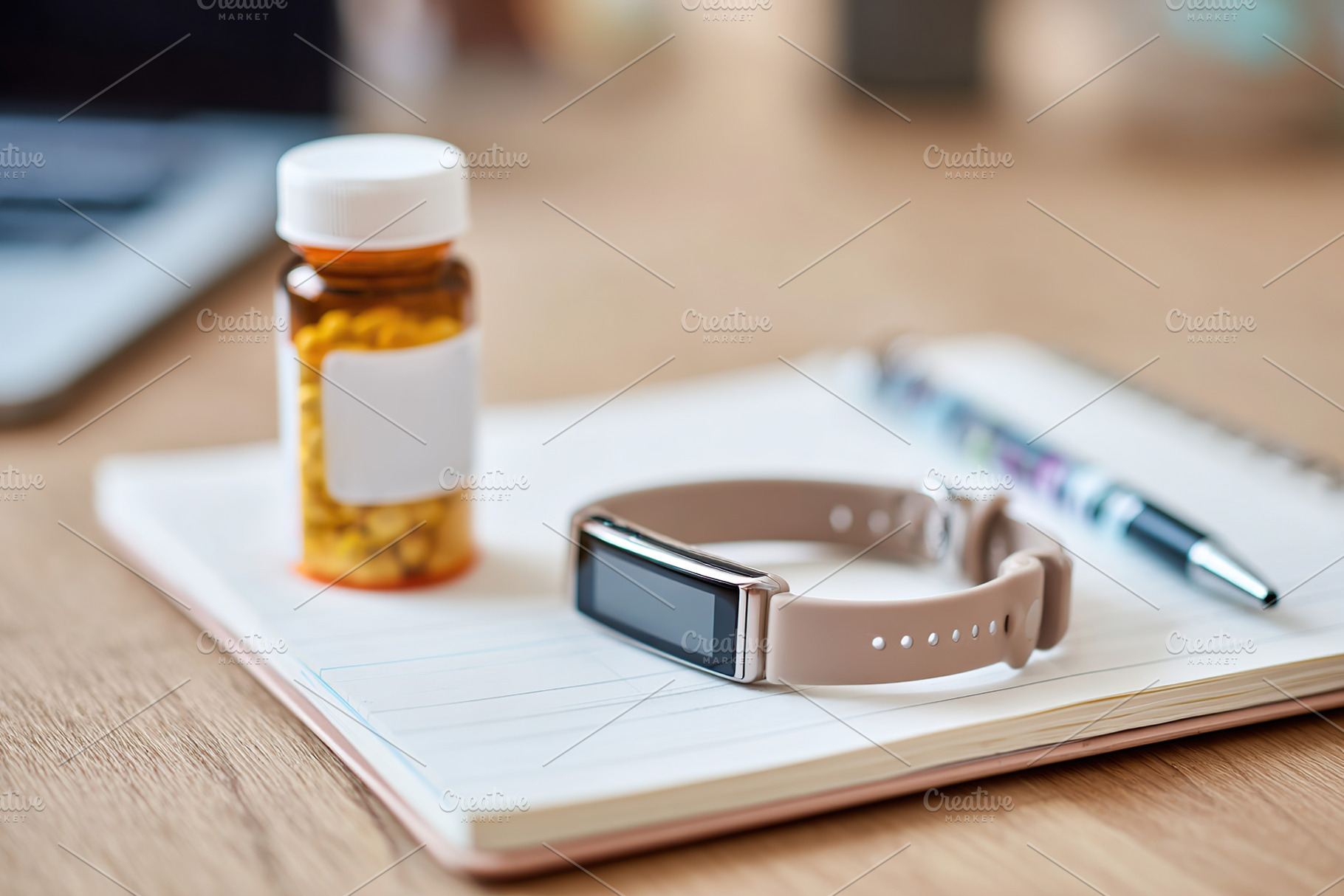 Smart medical wristband placed on notebook beside a bottle of medication and a, a Photo by AlyaAnd