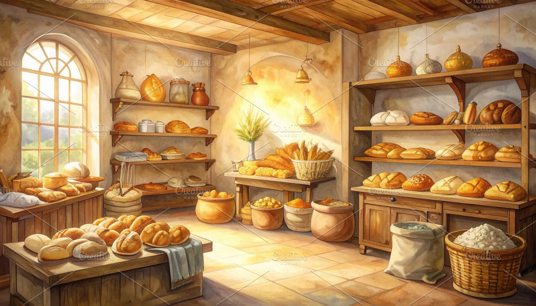 Rustic artisanal bakery interior with fresh bread, a Food & Drink Photo by Igor Tichonow