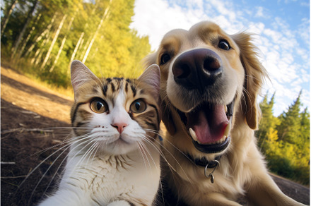 Happy cat and dog taking a selfie in, an Animal Photo by Ylivdesign