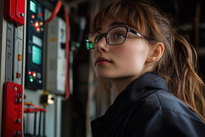 A young woman relay protection and automation engineer with glasses is focused, a Person Photo by Textures & Backgrounds