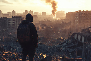One hooded figure surveys destroyed, a Photo by Pavel_design